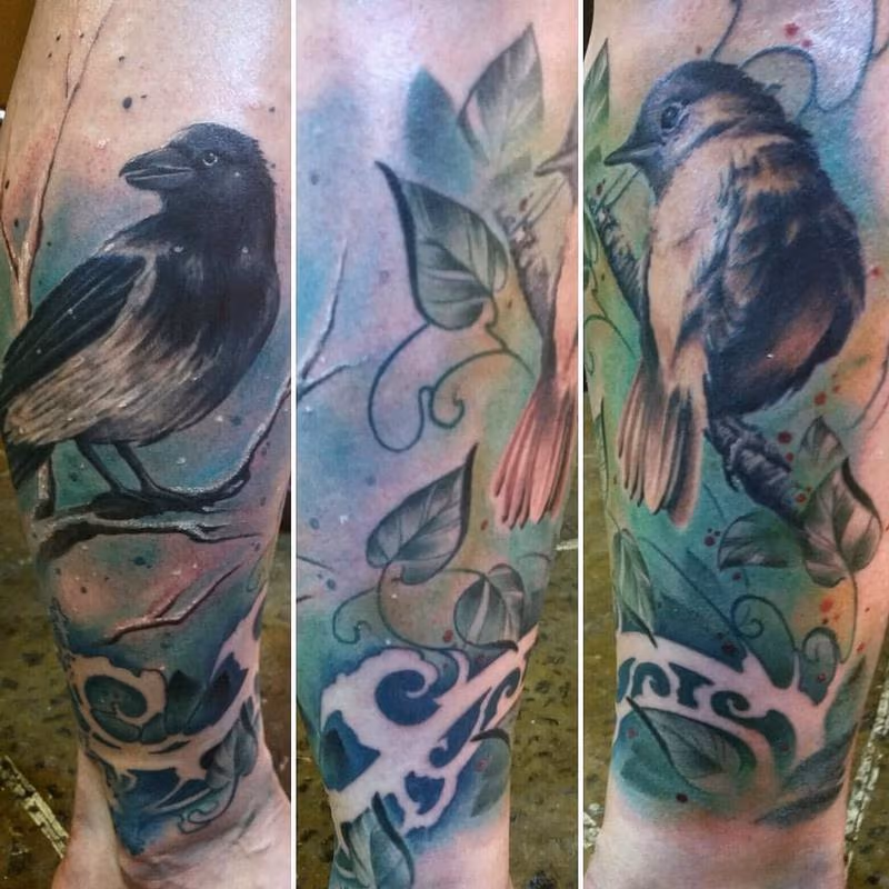 Color Art Nouveau birds, vines, branches, trees on leg, rework by Yorick Tattoo