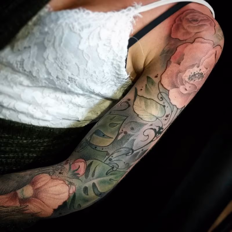 Color flowers, lush jungle, fern sleeve, art nouveau, neo traditional Yorick Tattoo